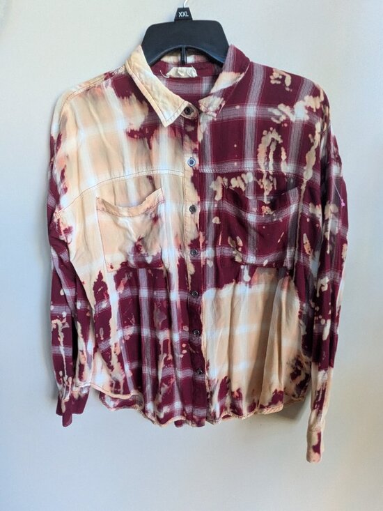 Mystree Tops - mystree bottom down long sleeve collared top beige burgundy design size S #607